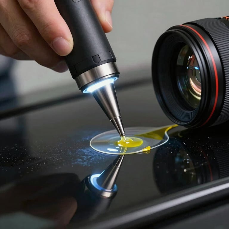 A close-up of a specialized UV light tool curing a windshield repair resin.