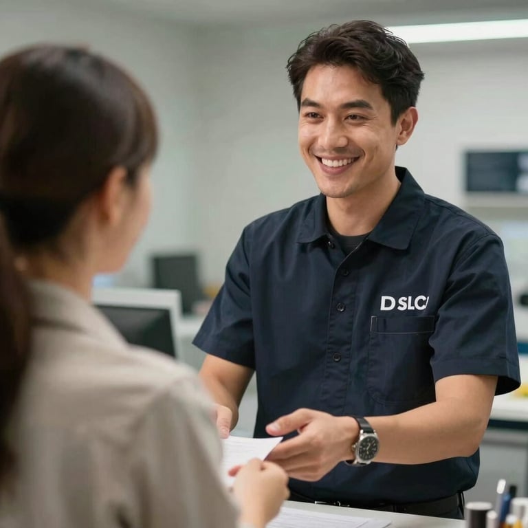 A professional technician in a branded dark navy uniform greeting a customer with a smile.