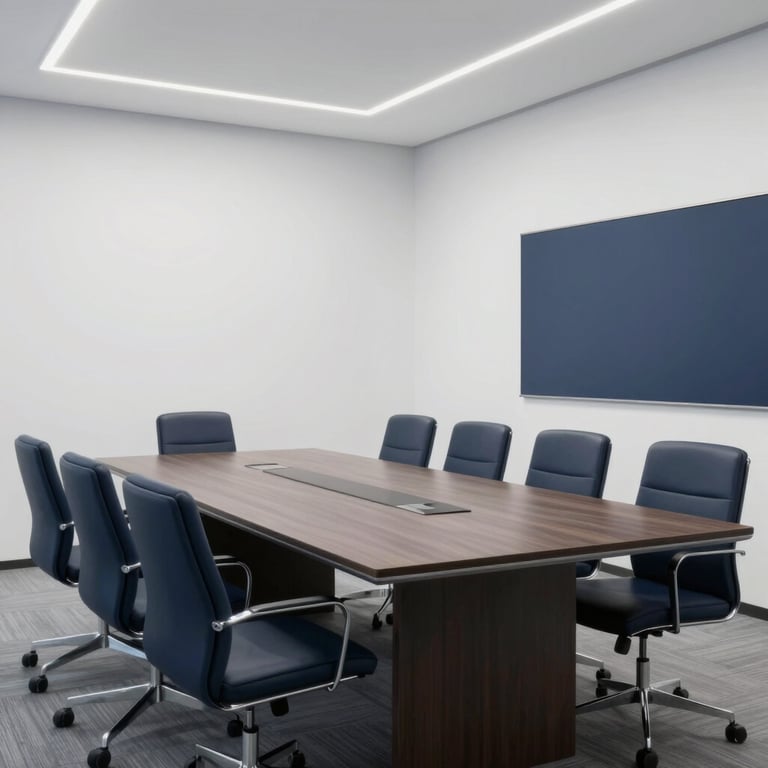 A minimalist corporate conference room with white walls and deep navy accents, designed for productivity.