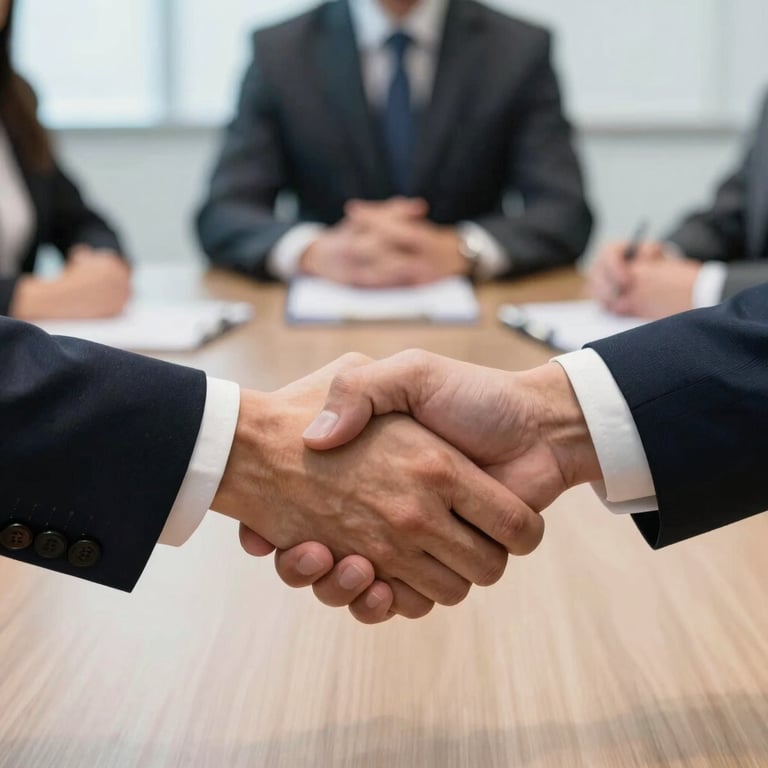 Close-up of a professional business meeting in an Argentinian corporate boardroom showing a firm handshake.
