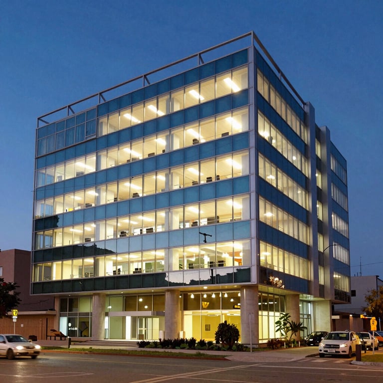 A modern office building in Salta, Argentina, during the blue hour with glowing interior lights.