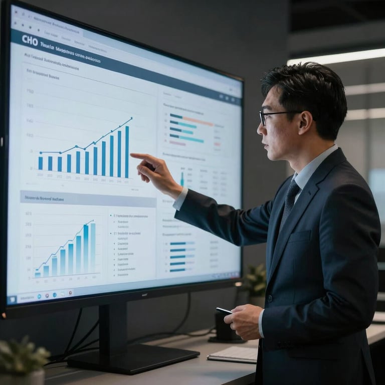 A professional analyst reviewing corporate data on a large screen in a dark, high-tech office environment.