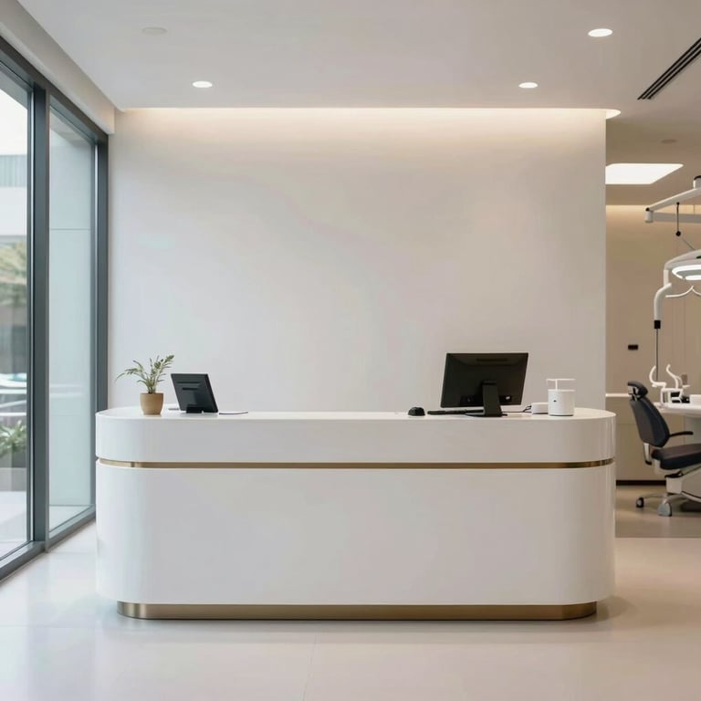 Interior of a high-end, minimalist dental clinic reception area, emphasizing cleanliness and professionalism.