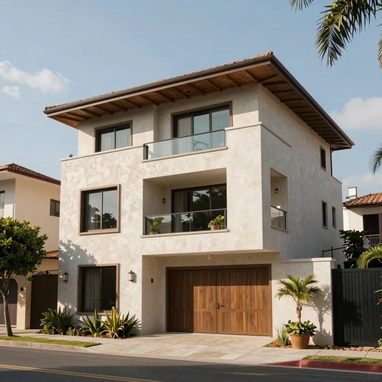 A luxury real estate property exterior in a prestigious South American neighborhood under bright daylight.