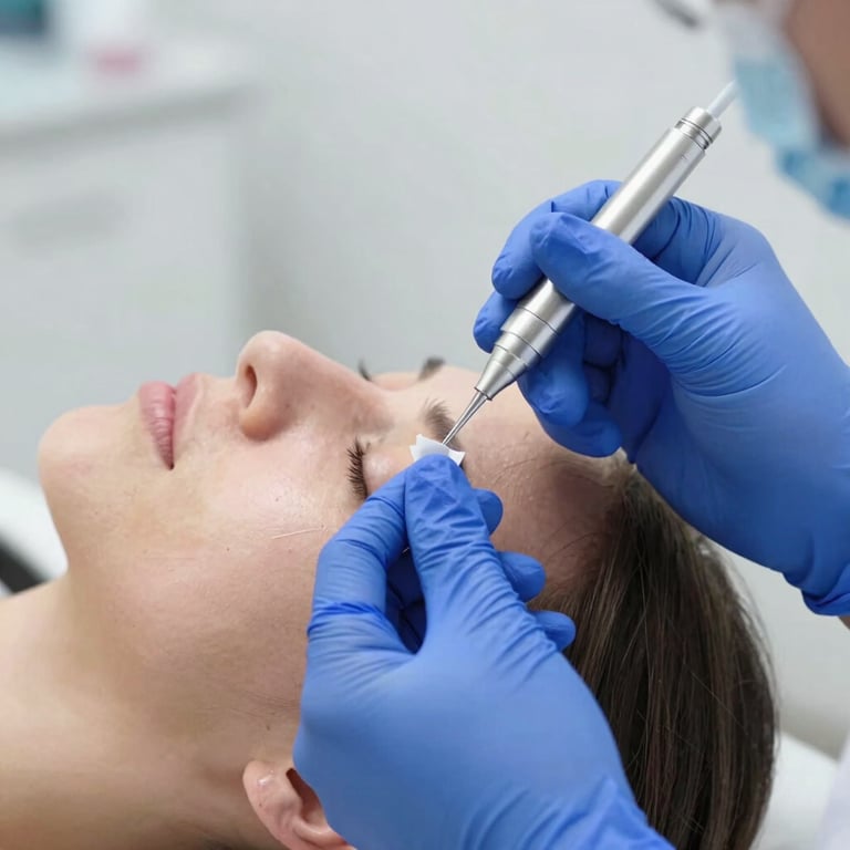 Detail of a medical professional's hands in blue gloves preparing a dermal filler treatment in a bright white clinic.