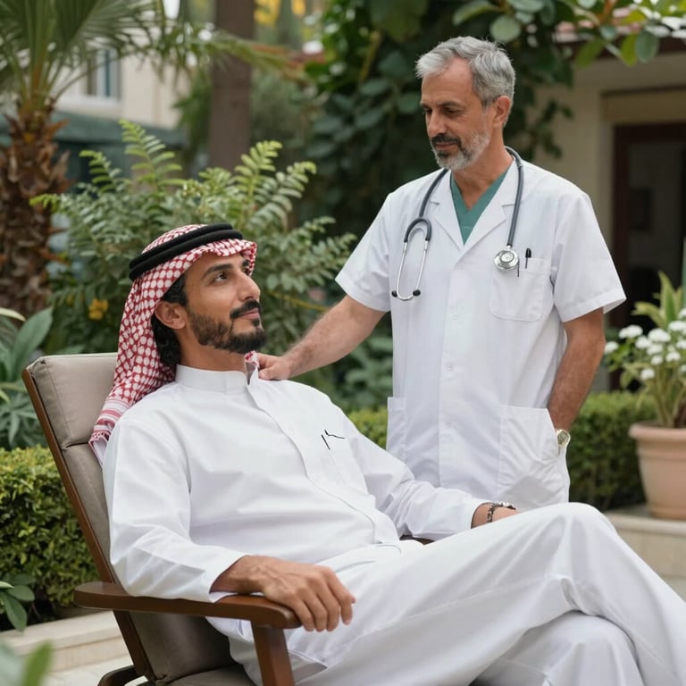 A European and Middle Eastern sophisticated traveler seeking luxury medical services in Türkiye relaxing in a lush Mediterranean garden near the clinic.