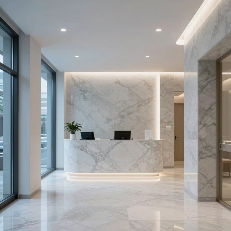 Modern minimalist clinic lobby with marble finishes and soft medical blue lighting in Antalya.