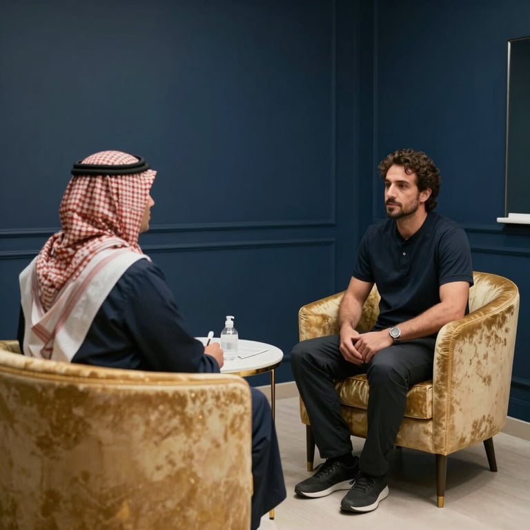 A sophisticated patient consultation room with deep navy accents and comfortable light gold chairs for a European and Middle Eastern traveler seeking luxury medical services in Türkiye.