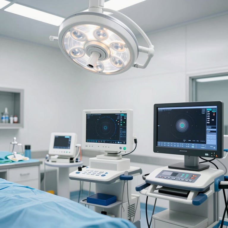 Modern, clinical surgical suite in Antalya with high-tech medical monitors and sterile white surfaces, bright professional lighting.