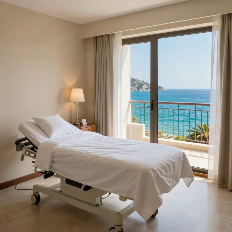 A luxurious recovery suite in a private hospital featuring beige interiors and a balcony overlooking the turquoise sea in Türkiye.