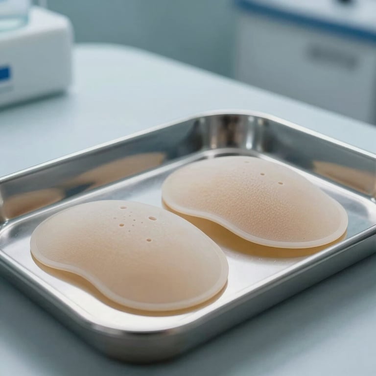 Close-up of a silver medical tray with high-quality silicone breast implants in a pristine clinical environment with soft blue tones.