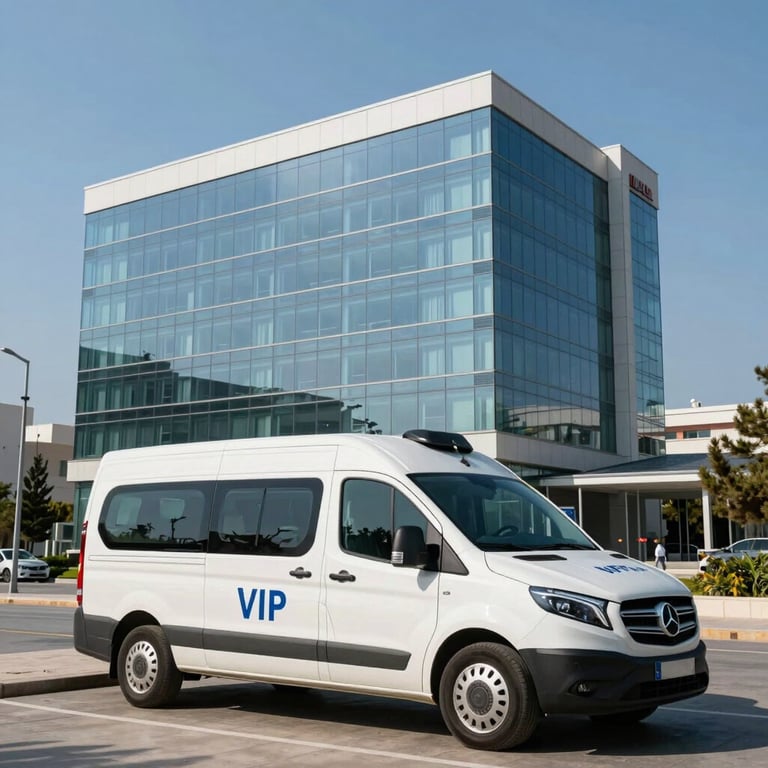 A VIP transfer vehicle parked in front of a modern glass medical center in Antalya under a clear blue sky.
