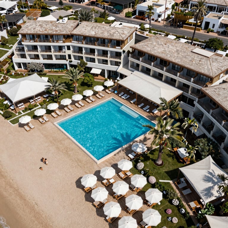 Aerial view of a 5-star beach resort in Antalya with turquoise pools and white umbrellas, representing a luxury recovery destination.