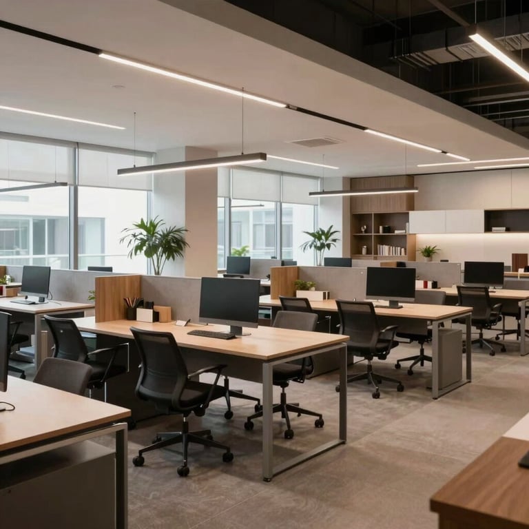 Interior de una oficina de diseño industrial sofisticado con espacios abiertos y muebles ergonómicos de alta gama, ambiente de consultoría global.