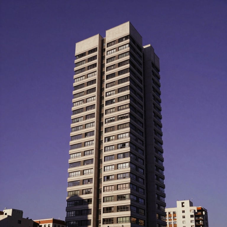 Arquitectura moderna de un rascacielos en una metrópolis española, composición minimalista con sombras púrpura profundo.