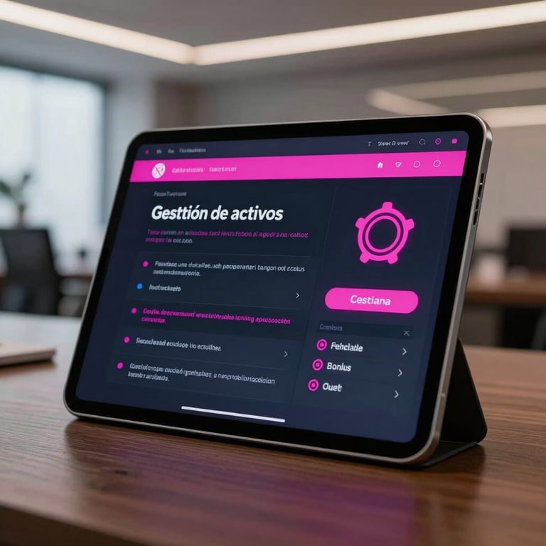 Primer plano de una interfaz tecnológica de gestión de activos en una tablet elegante, fondo oscuro con acentos fucsia neón, oficina de alto nivel.