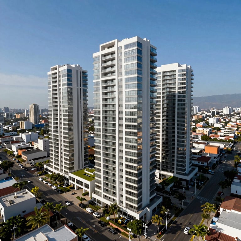 Vista aérea de un desarrollo inmobiliario premium gestionado profesionalmente bajo la hora azul, elegancia tecnológica.