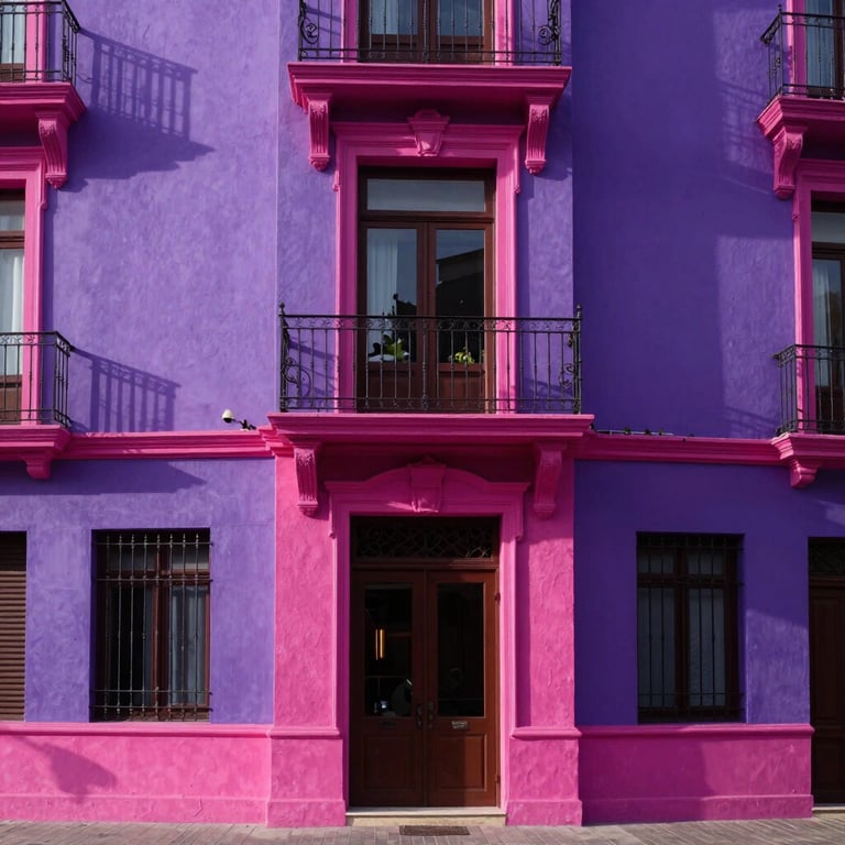 Detalle de la fachada de una propiedad comercial de lujo, juego de luces y sombras en tonos violeta y fucsia vibrante.