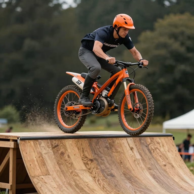 A rider performing a small jump on a wooden ramp, rustic orange gear, French / Vosges Region.
