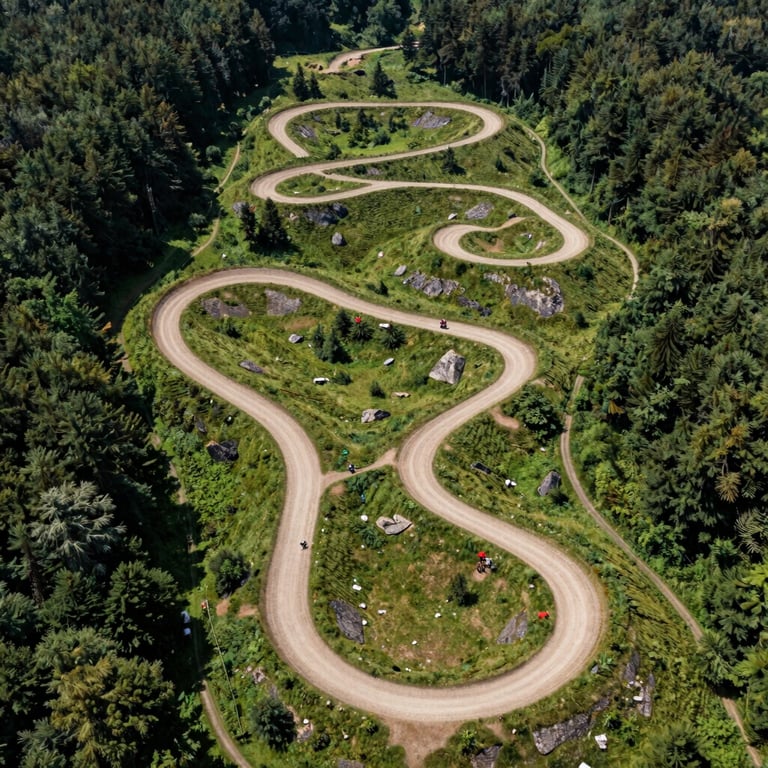 An aerial view of the bike park tracks winding through lush green terrain, French / Vosges Region, dynamic composition.