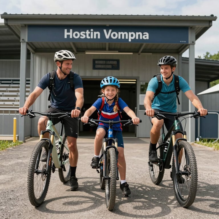 A family of three on mountain bikes at the stadium entrance, smiling, French / Vosges Region, bright outdoor lighting.