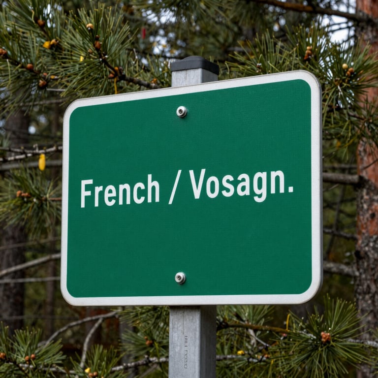 Close-up of a green trail marker signpost deep in the pine woods, French / Vosges Region.