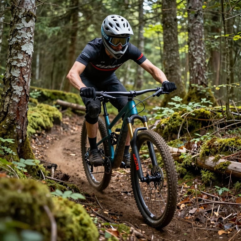 A mountain biker navigating a technical forest trail, French / Vosges Region, action photography, vibrant lighting.