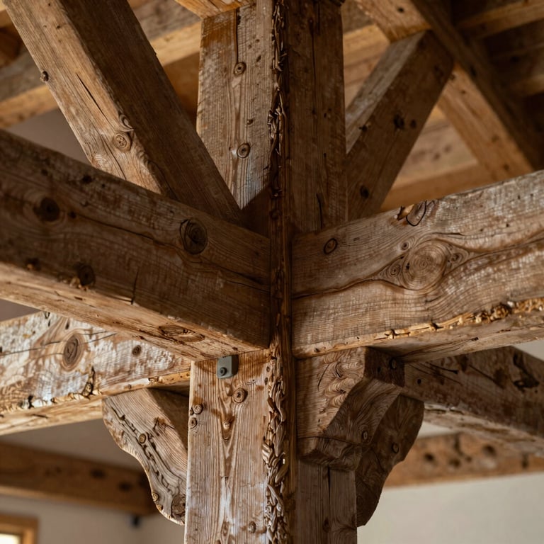 Close-up architectural detail of a restored oak timber joint in a traditional Cheshire barn conversion, natural light, honest texture.