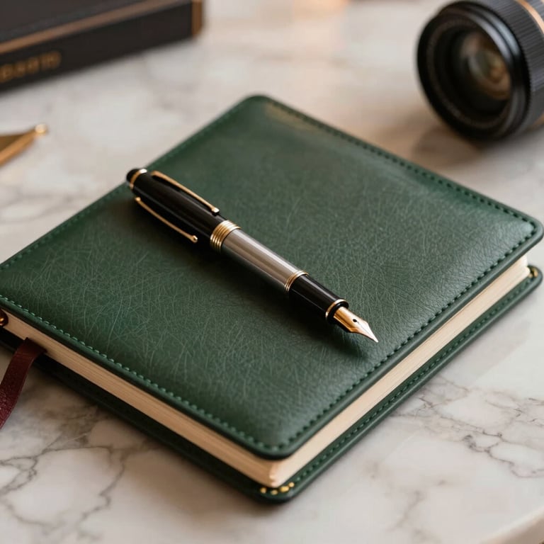 Close-up of a fountain pen resting on a dark green leather planner, marble desk background, warm side lighting, executive atmosphere.