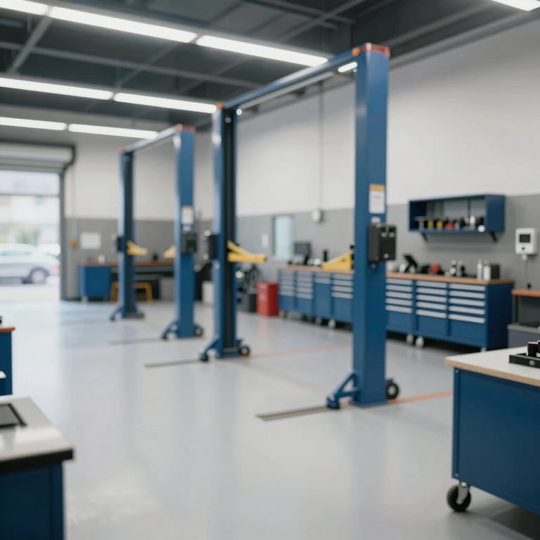 A wide shot of the professional workshop bay with modern car lifts, exceptionally clean floor, #4A6577 tool cabinets.