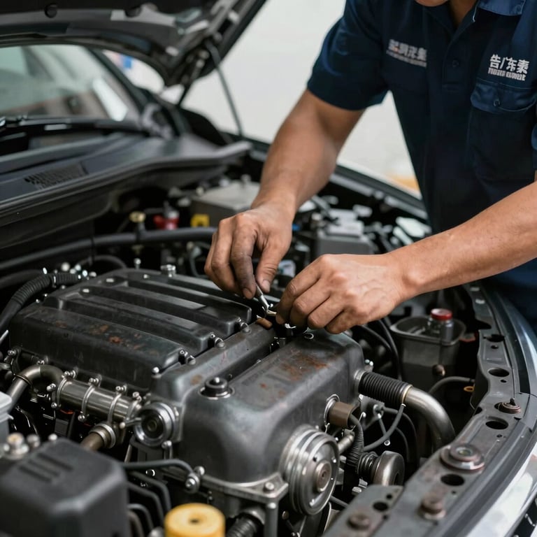 Detailed macro shot of a car engine being serviced by a mechanic in a branded uniform.