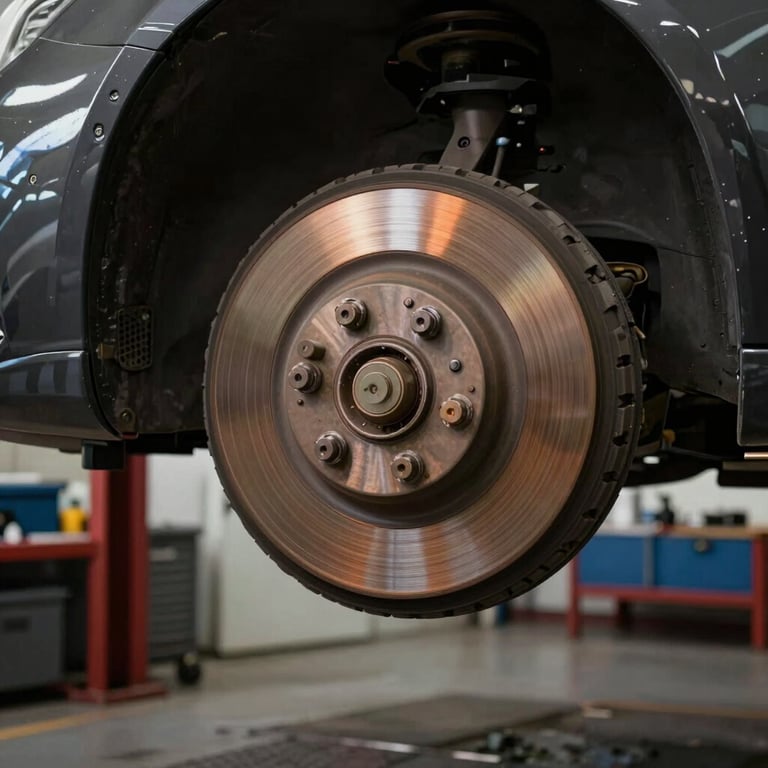 A car undergoing a brake system inspection, warm lighting highlighting the bronze #B88B4A details of the workshop.