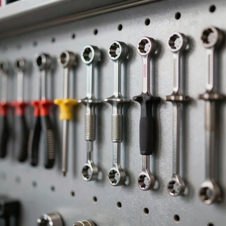 A row of high-end specialized automotive tools arranged neatly on a metallic pegboard.