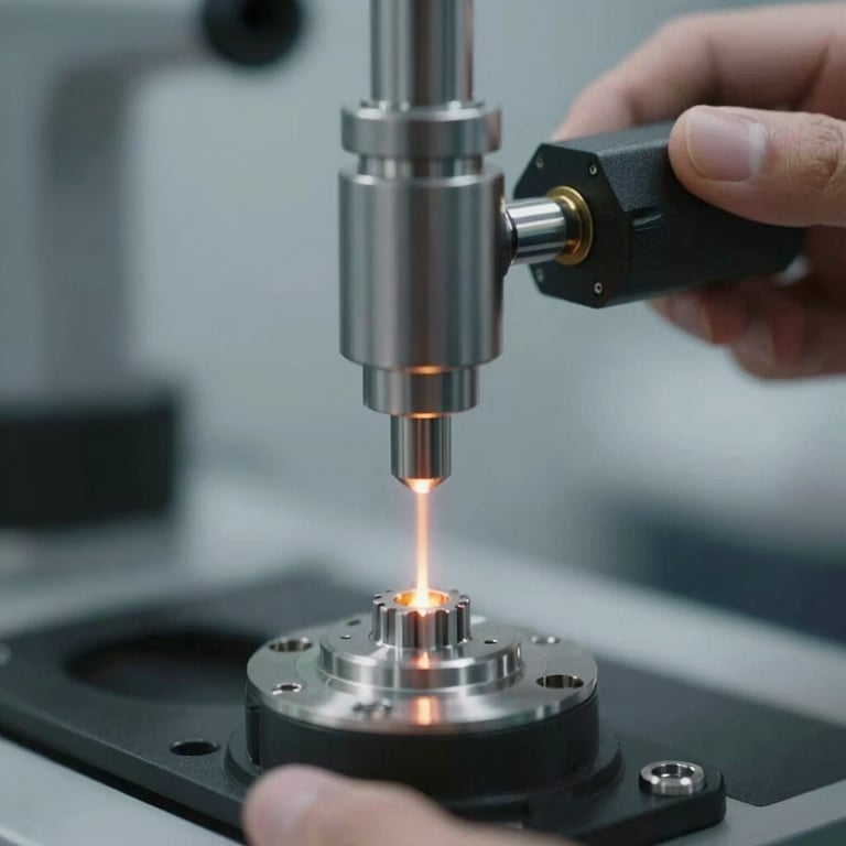 Close-up of a wheel alignment sensor being calibrated with laser precision.