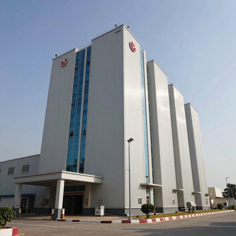 Exterior of the modern AdiShakti Enterprises processing plant in Gujarat, under a bright daylight sky, looking authoritative.