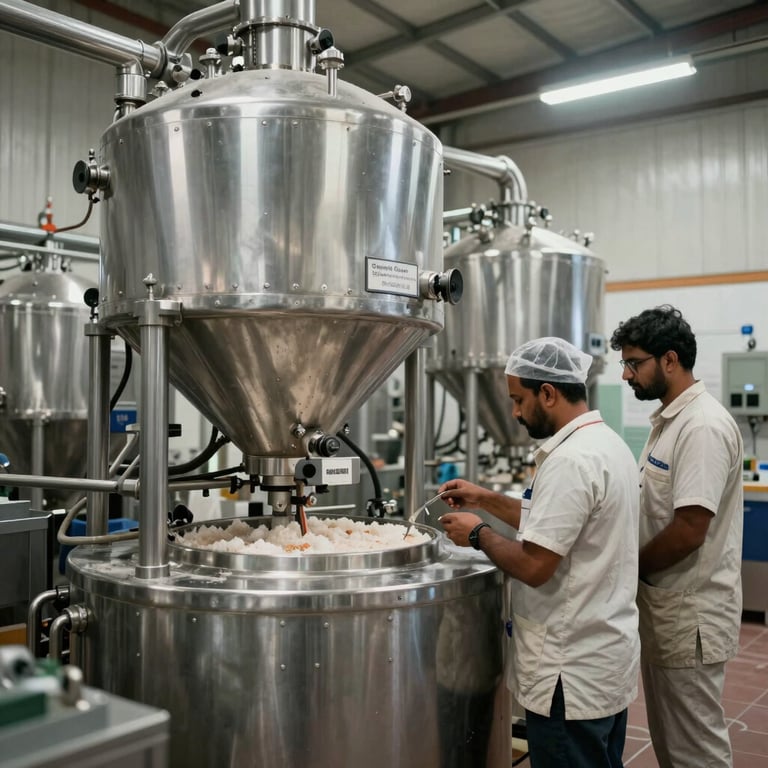 Interior of the Sattva Dust dehydration plant showing clean, stainless steel processing machinery and professional staff in Global B2B / Indian Origin attire.
