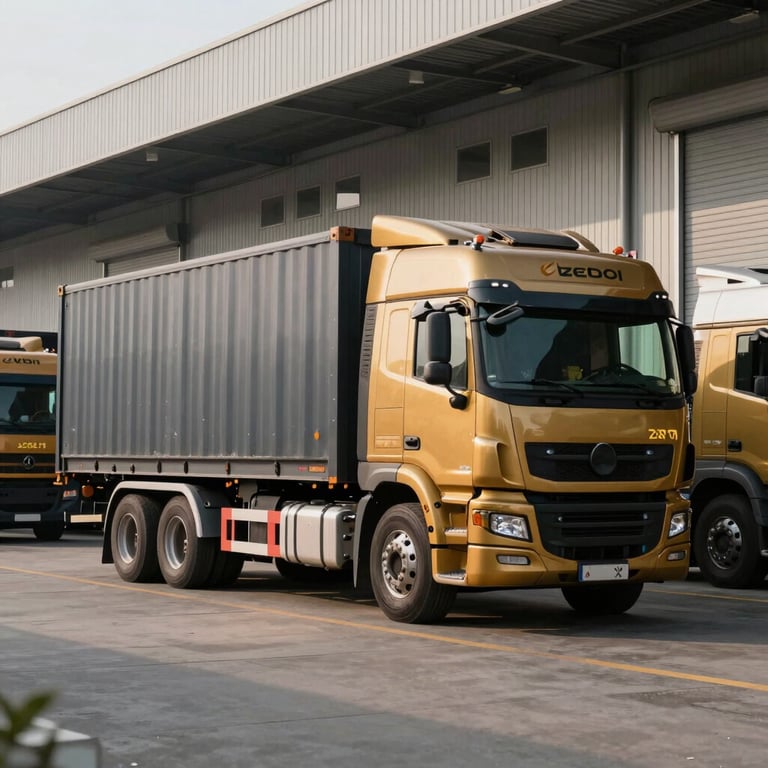 A logistics fleet of heavy-duty trucks branded with professional slate and gold colors parked outside a massive warehouse facility.