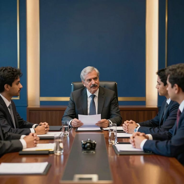 Professional B2B negotiation taking place in a corporate boardroom in Kutch, with deep blue and gold decor elements.