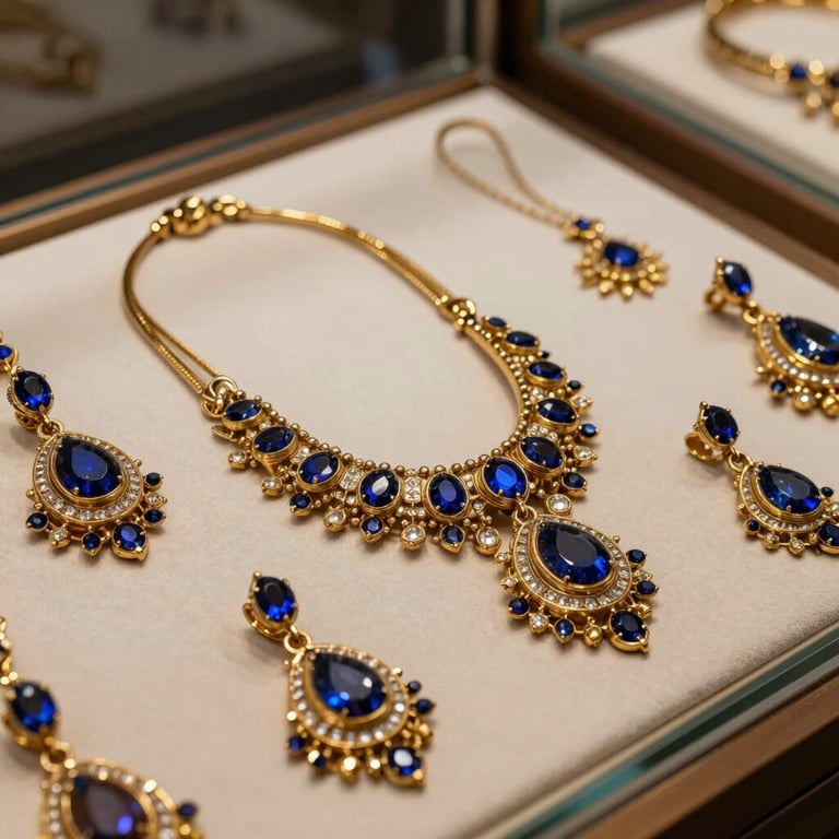 A sophisticated display of mass-produced premium fashion jewelry from Malini Jewels, featuring gold and deep blue accents.