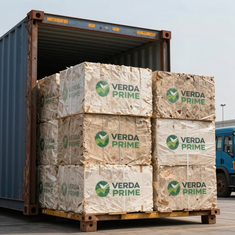 A large-scale shipment of eco-friendly biomass briquettes from Verda Prime being loaded into a container at a Gujarat port.