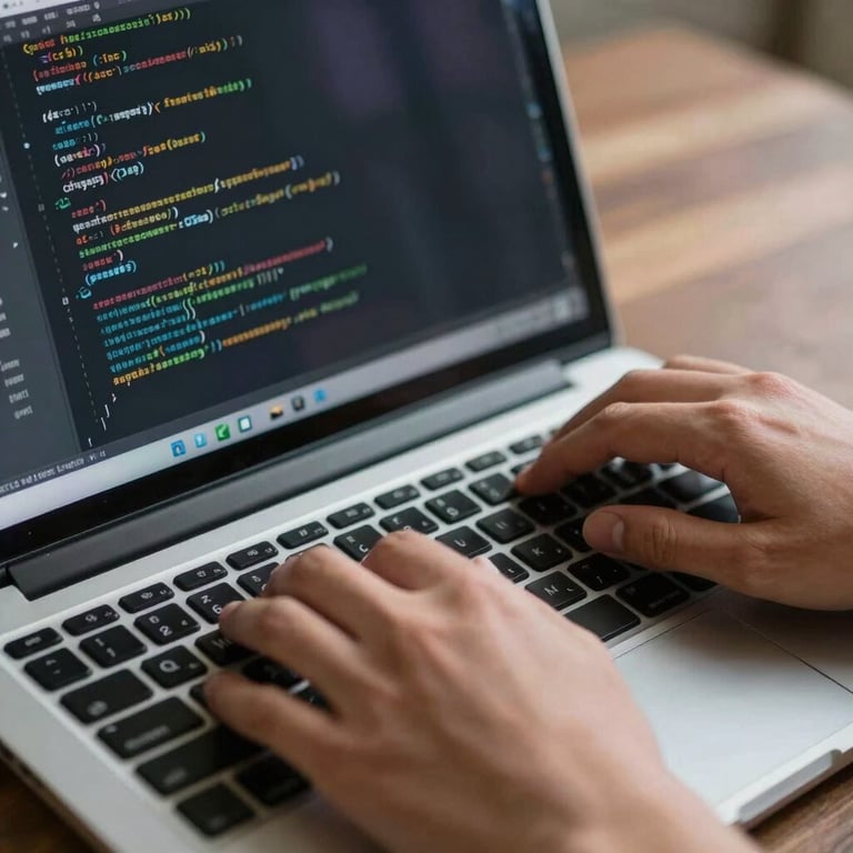 A close-up shot of hands typing on a laptop with lines of secure code reflecting on the screen.