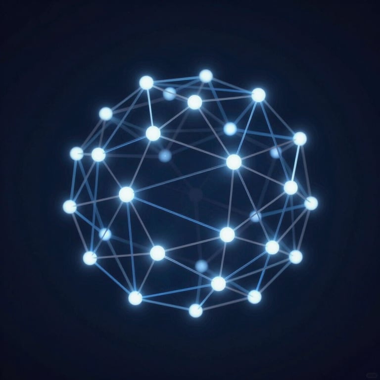 Abstract digital network nodes glowing against a dark navy background, representing secure connections.