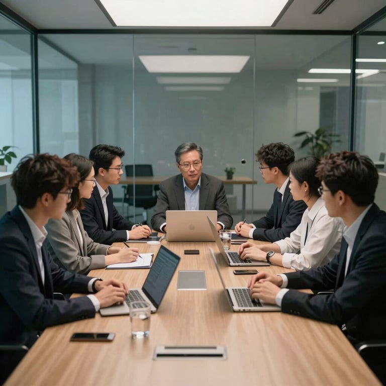 A high-level cybersecurity team collaborating in a sophisticated glass-walled boardroom.