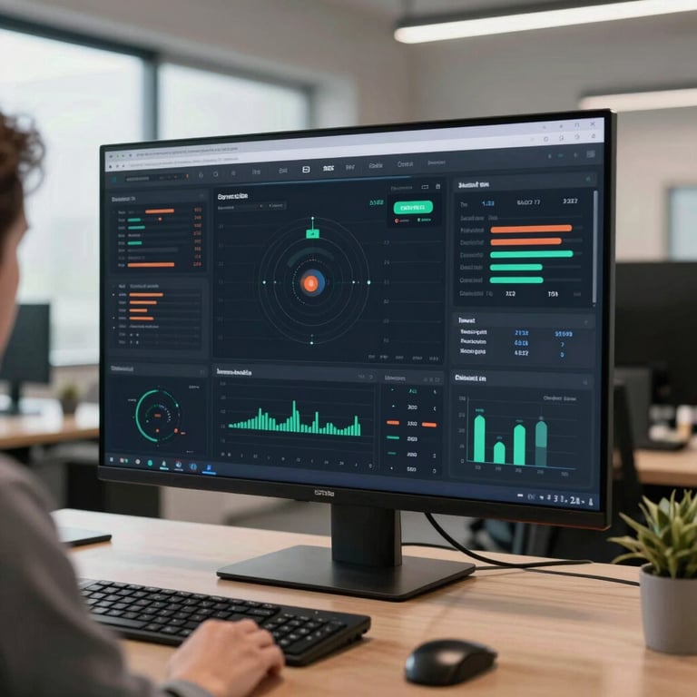A focused professional reviewing a high-tech ad performance dashboard in a clean, modern office.