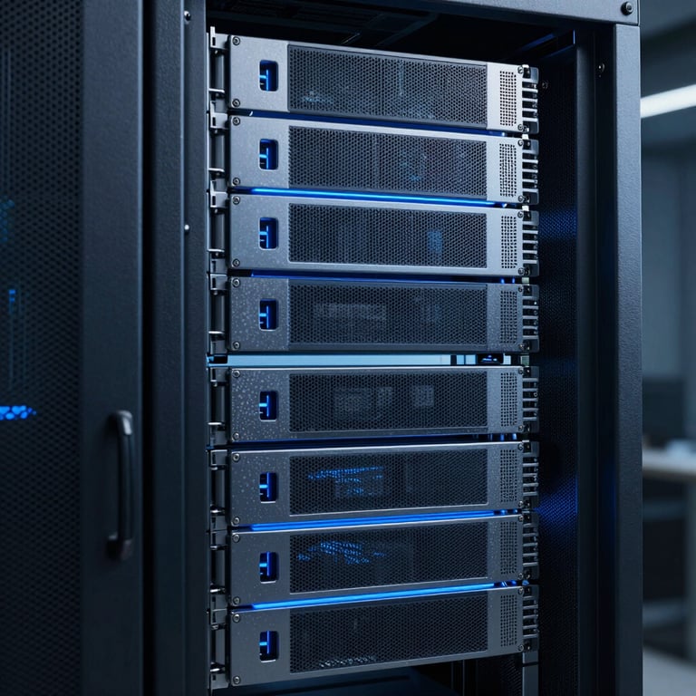 A sleek server rack in a North American / US data center, illuminated with cool steel blue LED lights.