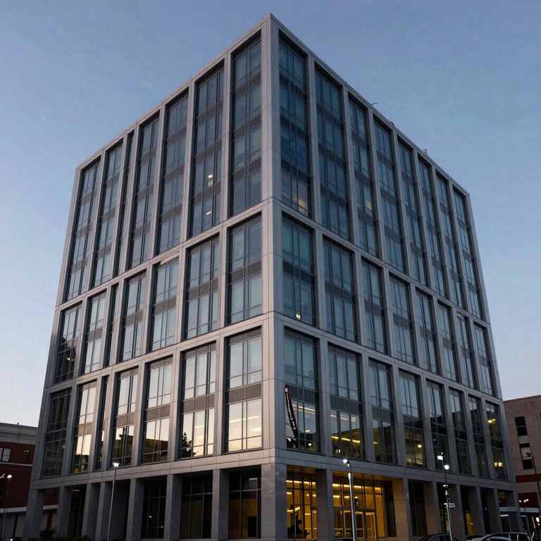 A modern North American / US corporate building exterior at dusk, radiating a sense of trust and authority.
