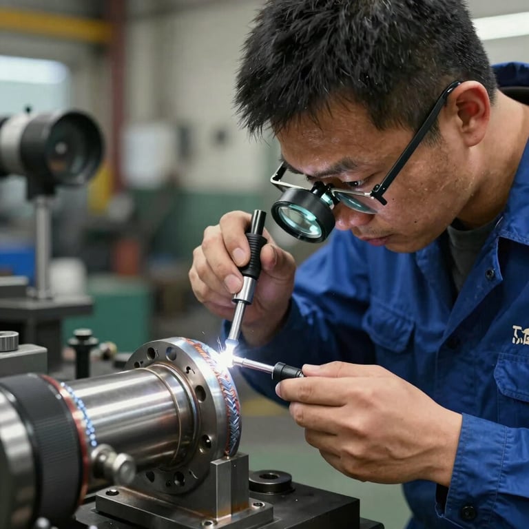 A professional technician inspecting a welded joint with a magnifying tool, industrial workshop setting.