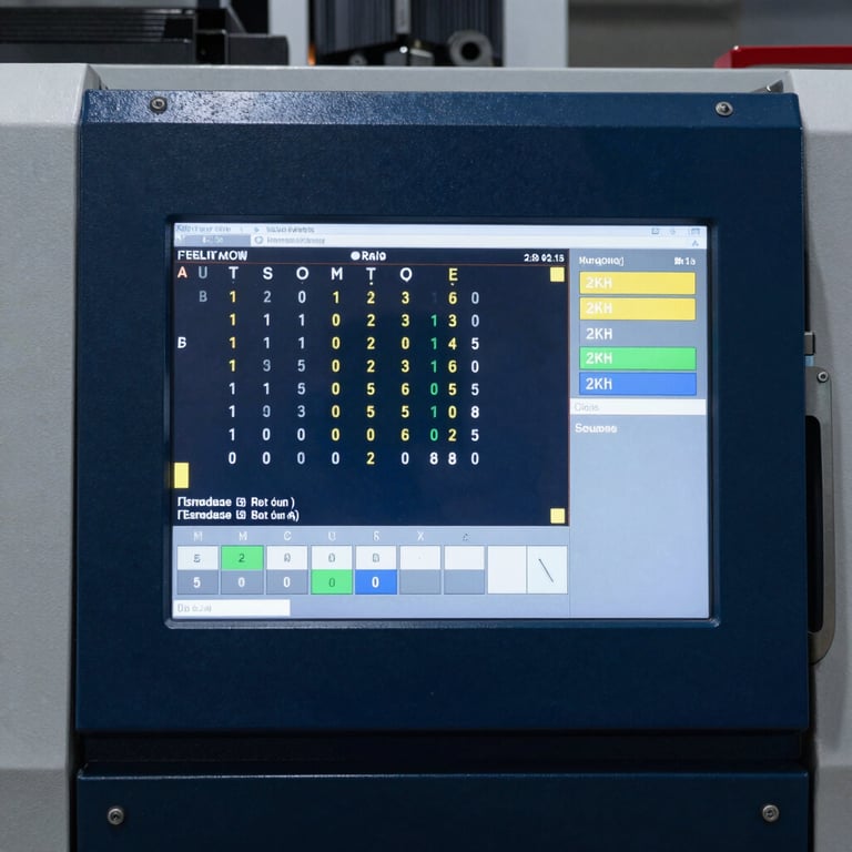 Modern CNC lathe machine interface showing technical coordinates in a dark navy blue setting.
