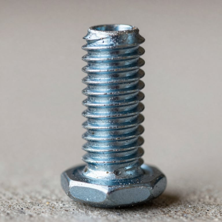 Macro photography of a perfectly turned steel screw thread with slate blue metallic reflections.