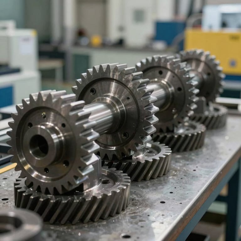 A row of precision-machined industrial gears on a clean workbench in a Brazilian factory.